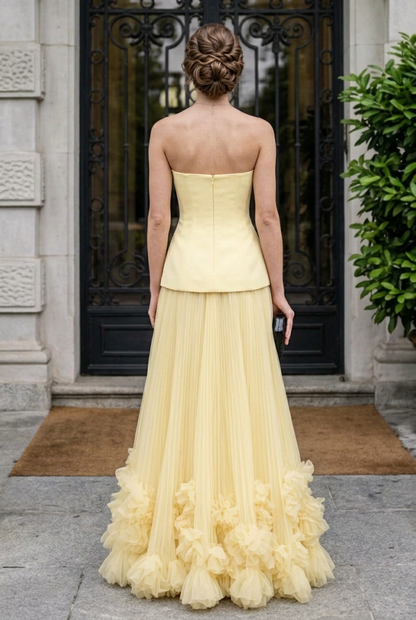 Strapless Drop-Waist Gown with Ruffled Tulle Skirt