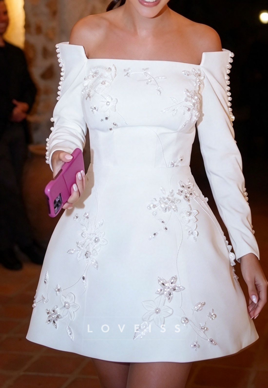 Off-the-Shoulder Floral Applique Mini Dress
