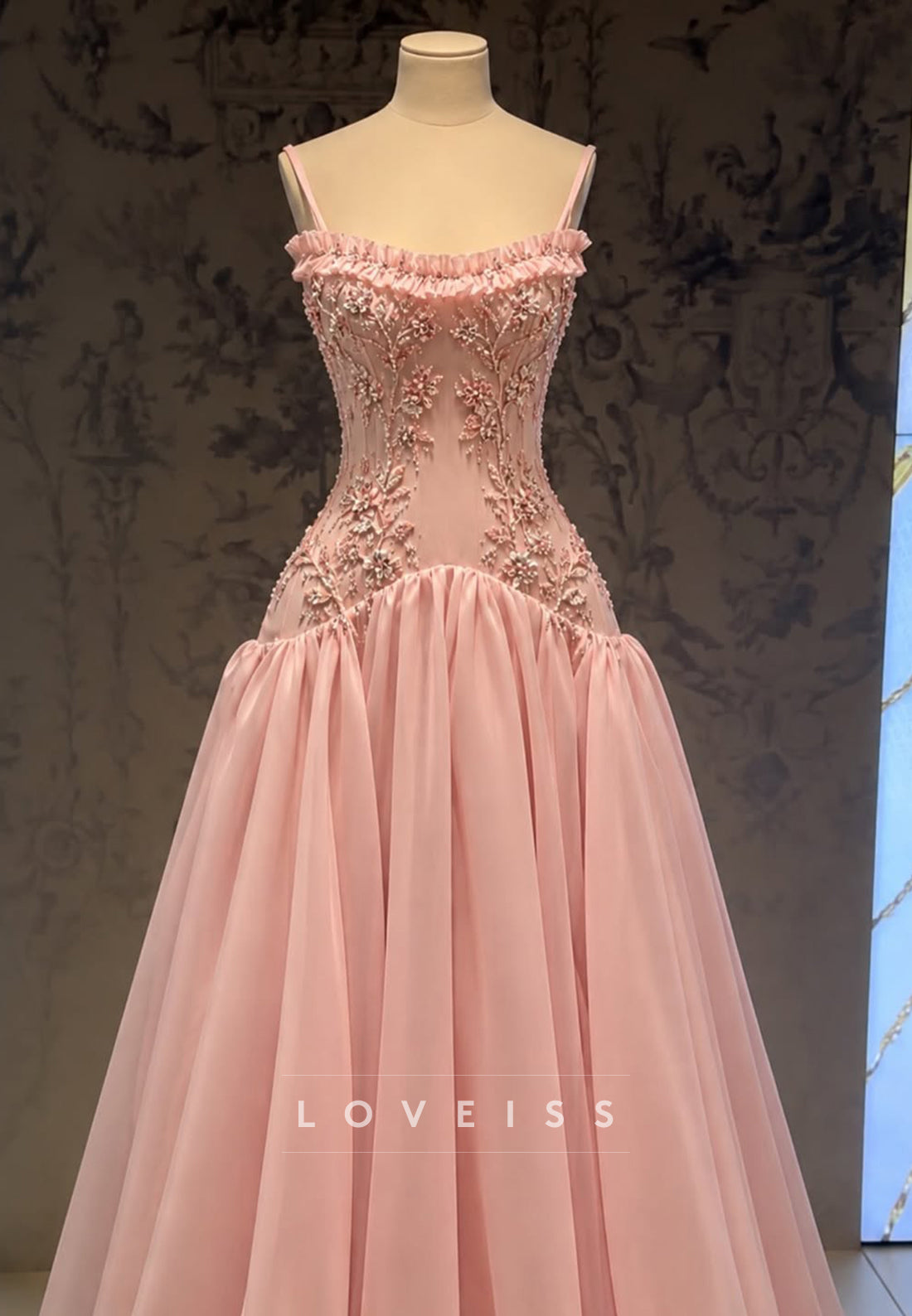 Beaded Corset Ball Gown with Ruffled Neckline