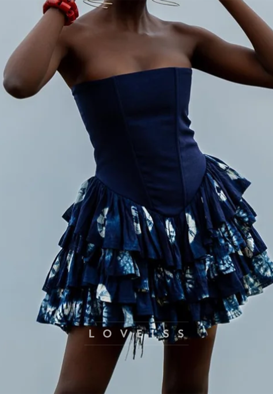 Strapless Corset Mini Dress with Tie-Dye Ruffle Skirt