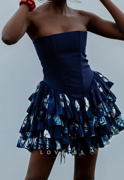 Strapless Corset Mini Dress with Tie-Dye Ruffle Skirt