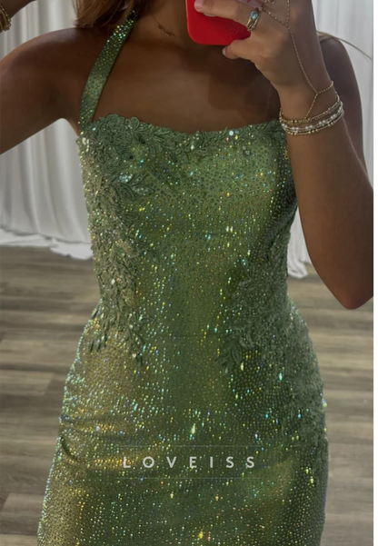 Rhinestone Embellished Halter Mini Dress