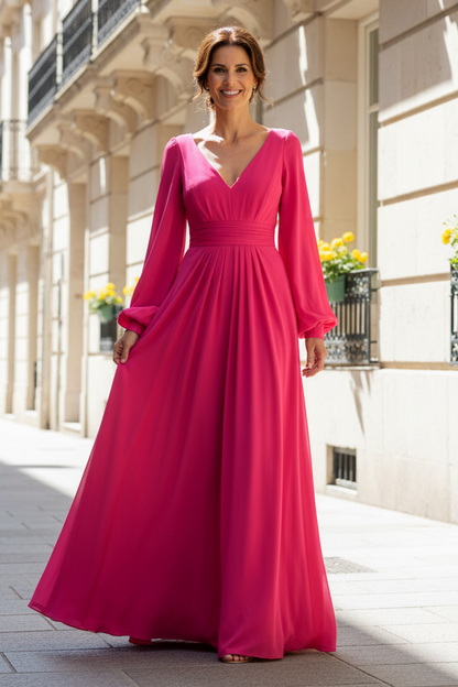 V-Neck Bishop Sleeve Pleated A-Line Evening Gown