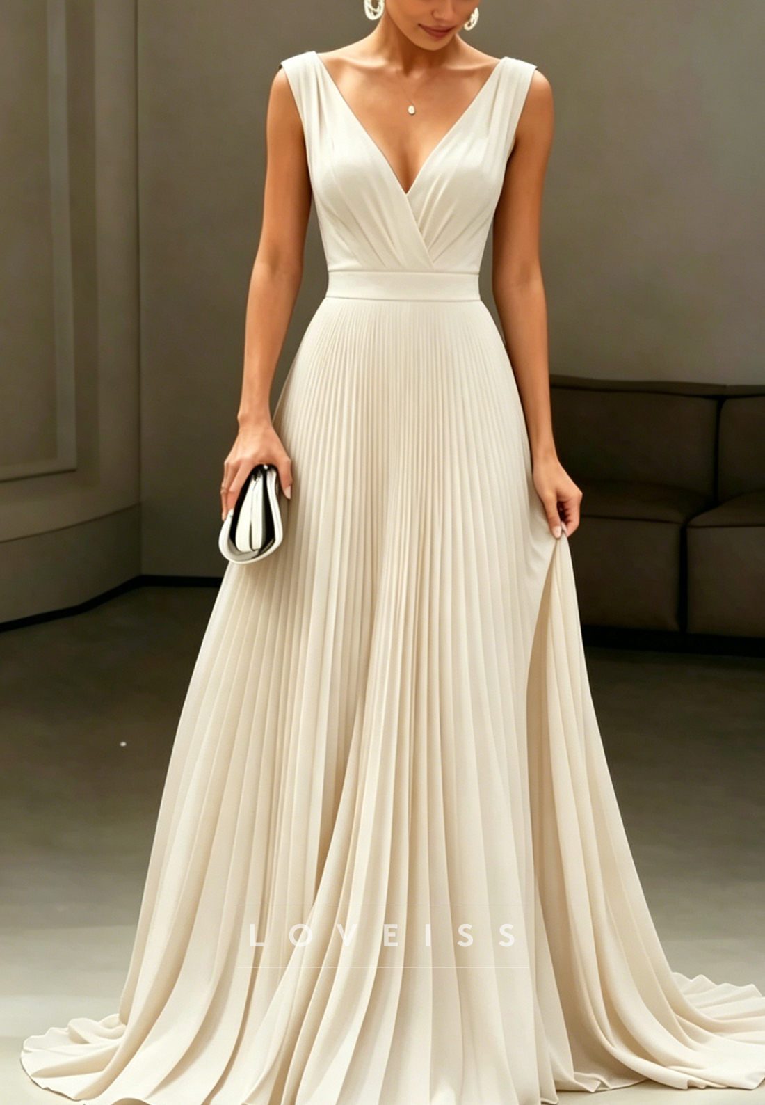 Sleeveless Pleated V-Neck A-Line Gown with Slit