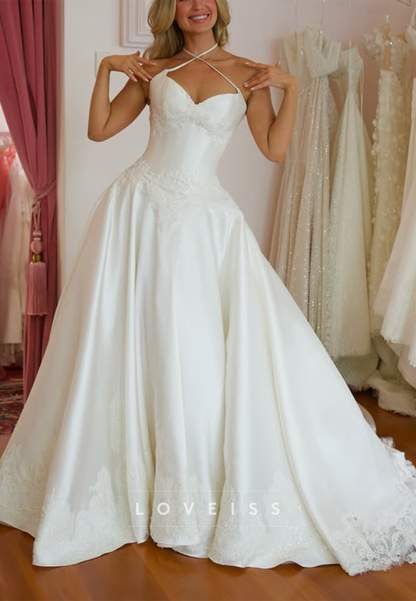 Crossed Halter Neck Satin Ball Gown Wedding Dress