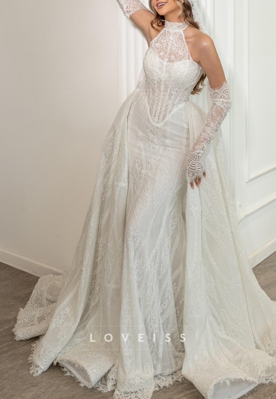 Halter Mermaid Lace Wedding Dress with Overskirt