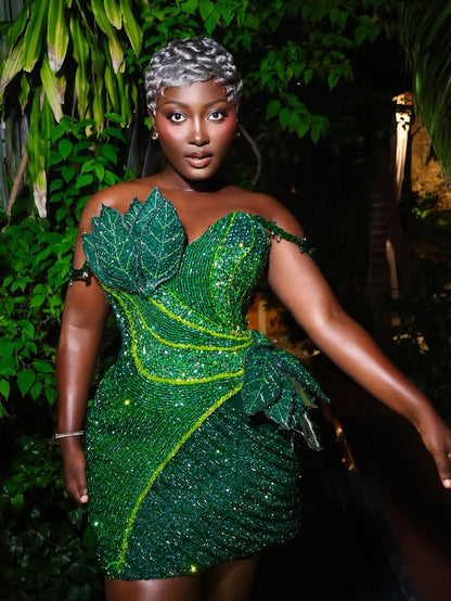 Beaded Leaf Appliqué Mini Dress with Drop Sleeves