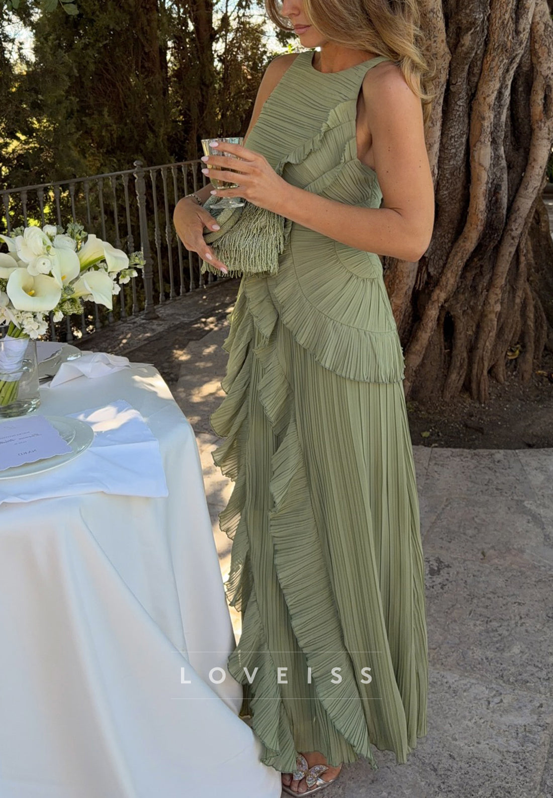 Pleated Ruffle Open Back Maxi Dress