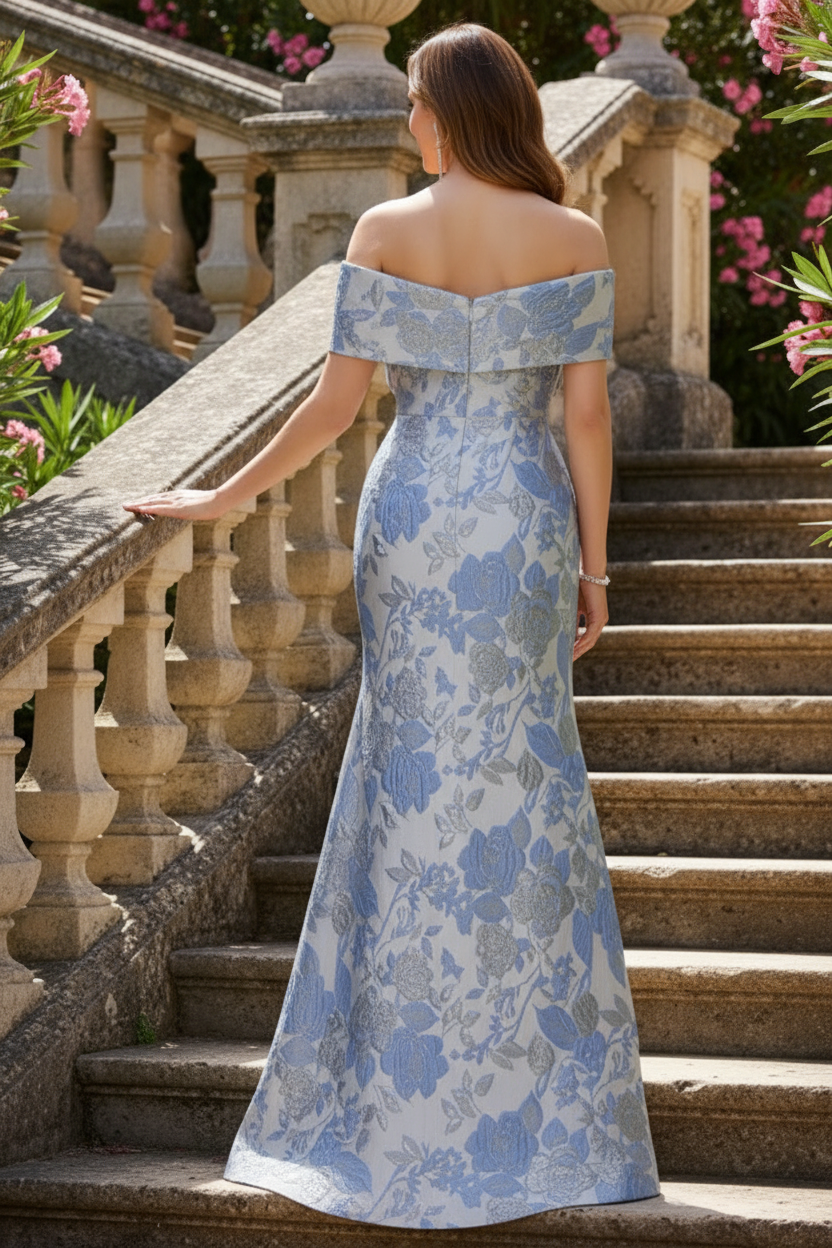 Off-the-Shoulder Brocade Mermaid Evening Gown