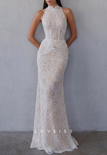 Halter Neck Lace Corset Wedding Dress with Pearl Details