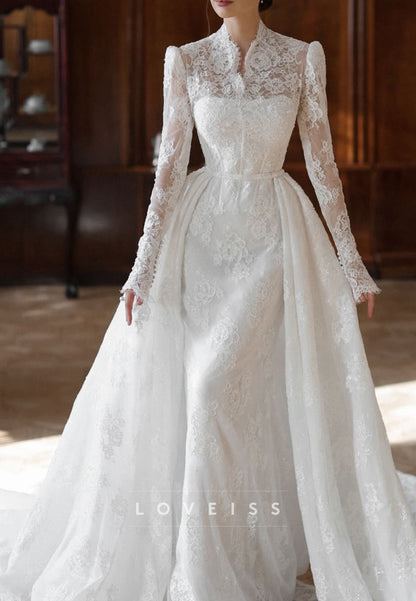 Lace High Neck Wedding Dress with Overskirt