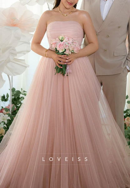 Strapless Pleated Tulle Gown with Train