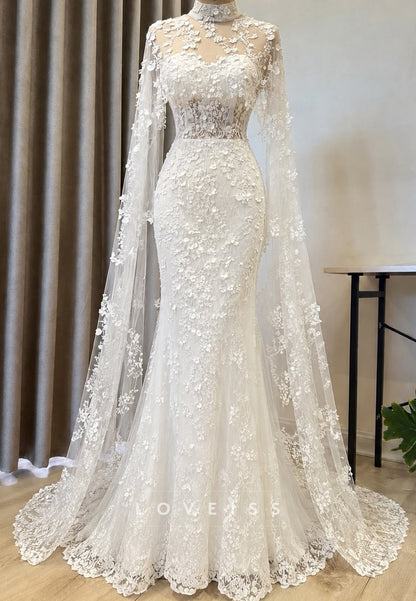 High-Neck 3D Floral Mermaid Wedding Dress with Cape Sleeves