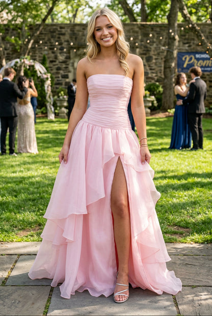 Strapless Ruched Gown with Tiered Slit Skirt