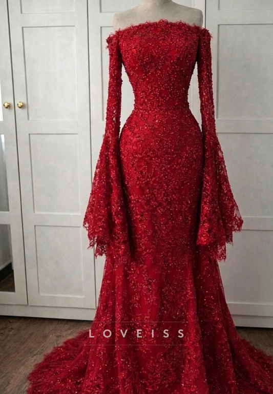 Off-Shoulder Bell Sleeve Lace Mermaid Evening Gown