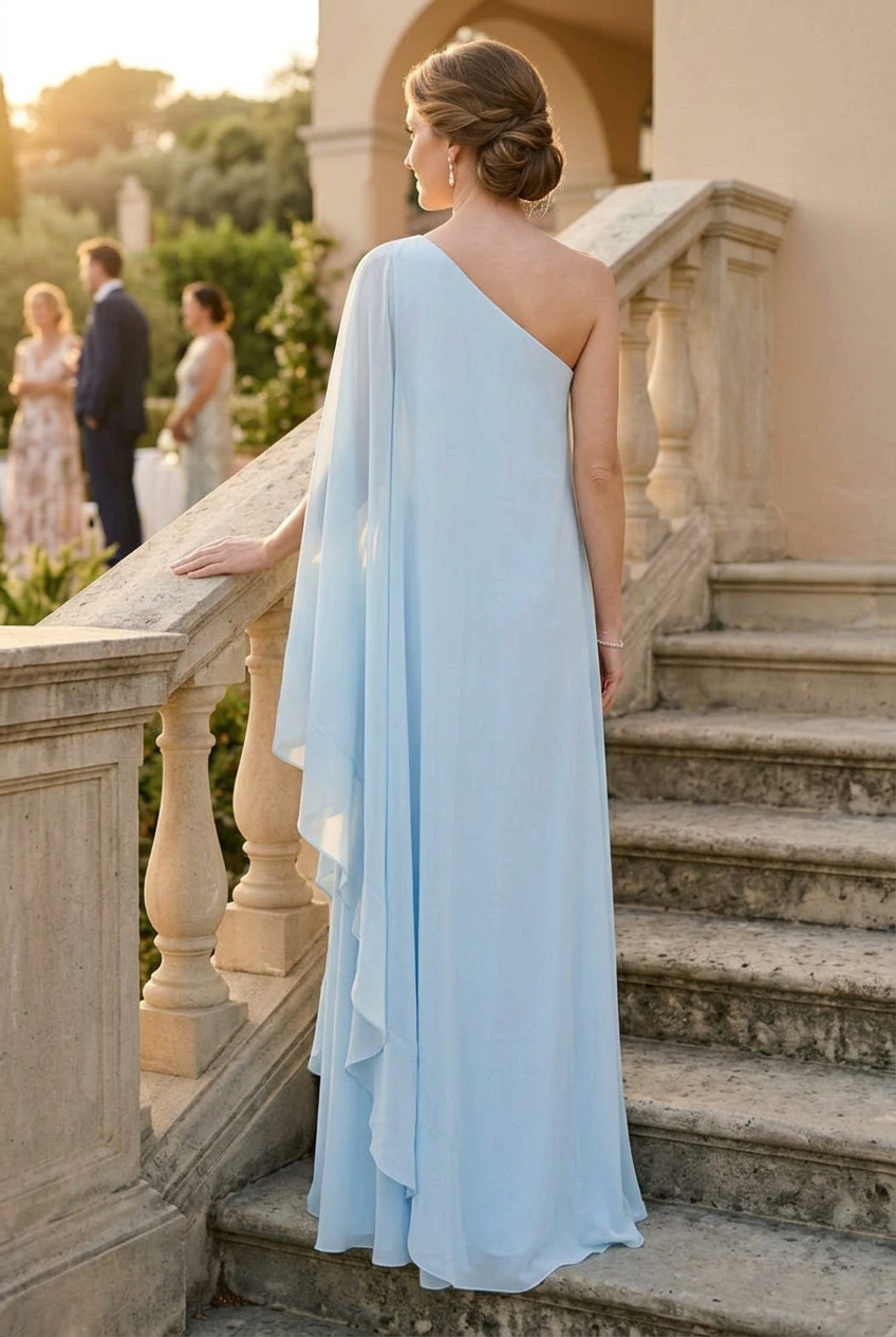 One-Shoulder Cape Sleeve Draped Maxi Gown