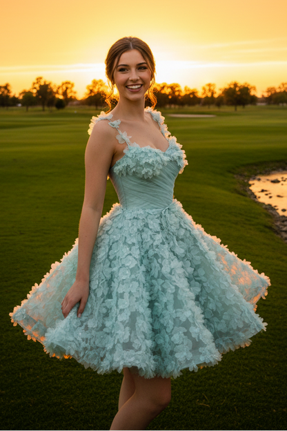 3D Flower Tulle Sweetheart Homecoming Mini Dress