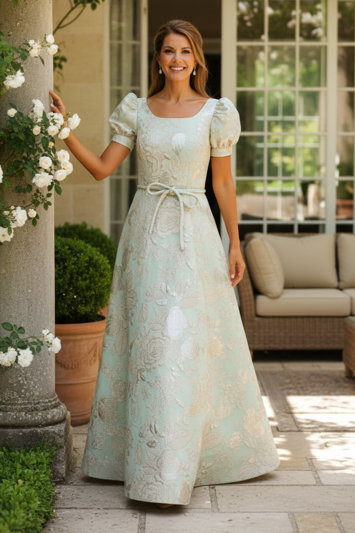 Square Neck Floral Jacquard Puff Sleeve A-Line Gown