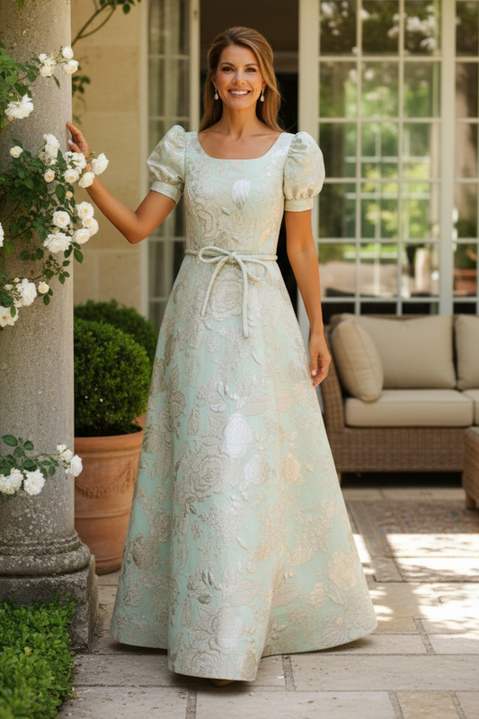 Square Neck Floral Jacquard Puff Sleeve A-Line Gown