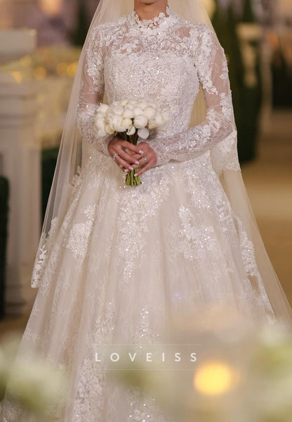 High Neck Lace Long Sleeve Ball Gown