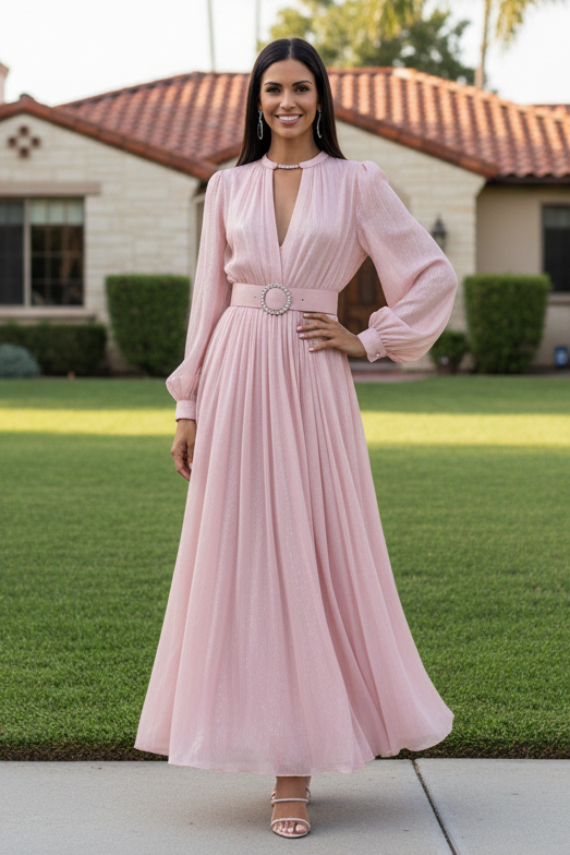 Keyhole Neck Long Sleeve Pleated Maxi Dress with Belt