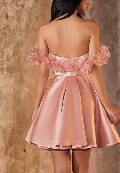 Feather Off Shoulder Satin Fit and Flare Mini Dress