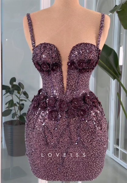 Beaded Deep V Dress with 3D Floral Appliques