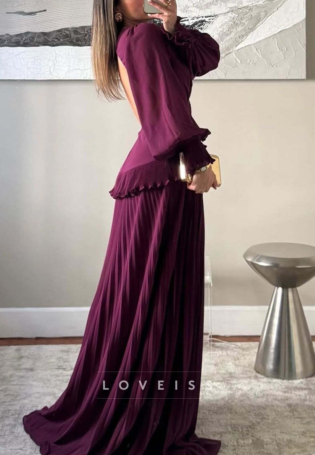 Pleated Cutout Long Sleeve Evening Gown