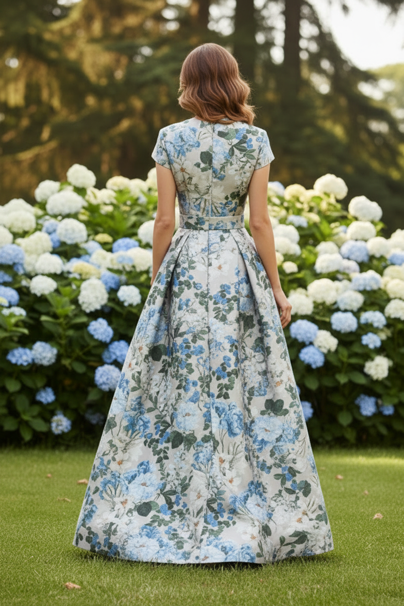 Floral Print Pleated Gown with Belt and Pockets