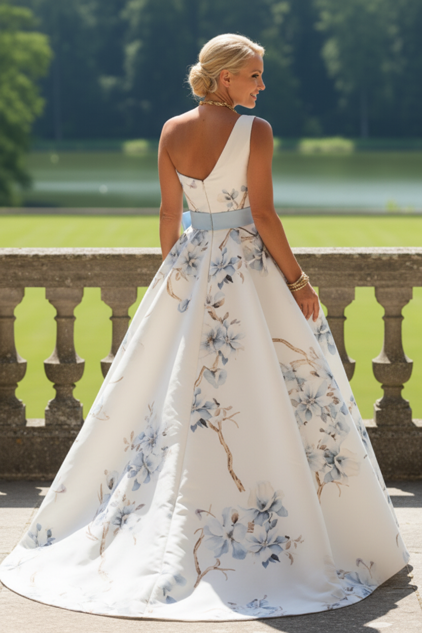 One-Shoulder Floral Print Gown with Bow Sash