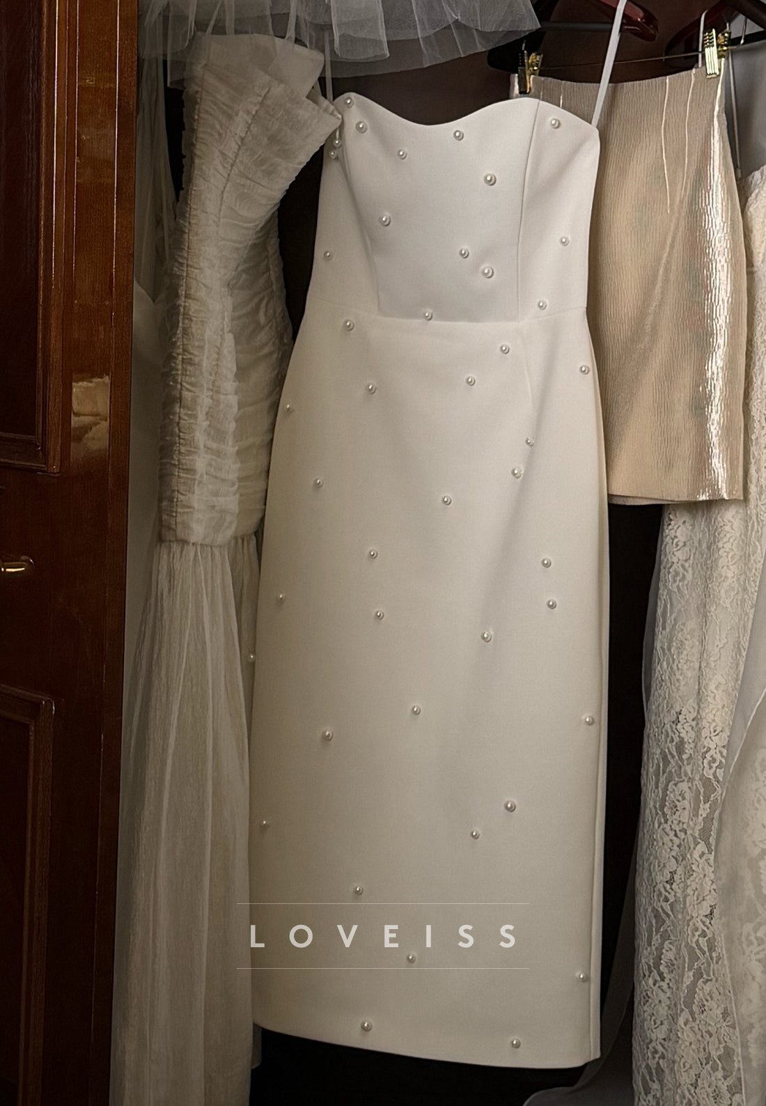Strapless Pearl-Embellished Sheath Wedding Dress
