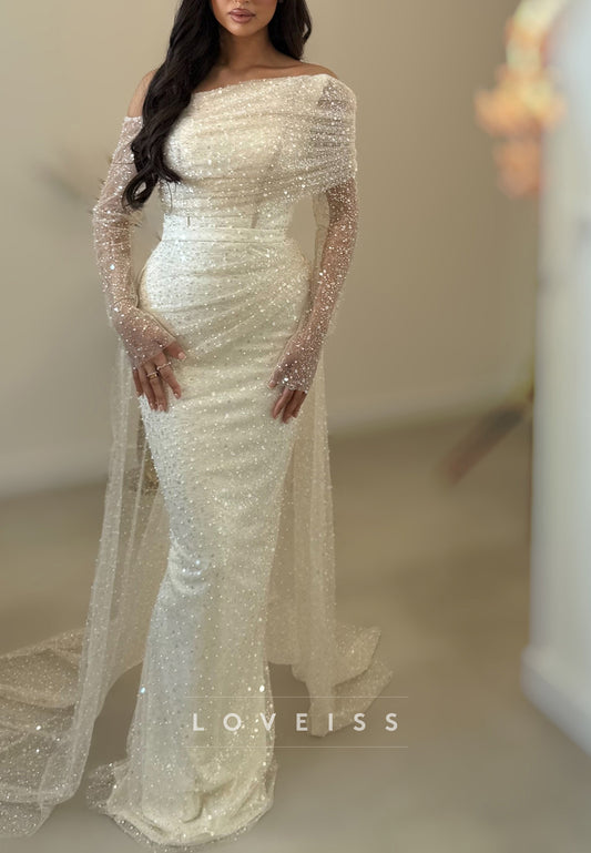 Pearl Beaded Off Shoulder Mermaid Gown with Cape