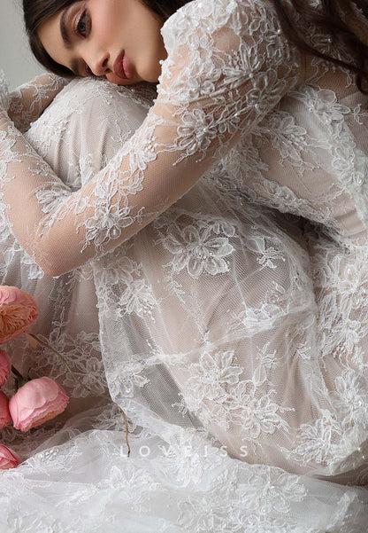 High Neck Lace Wedding Dress with Long Sleeves