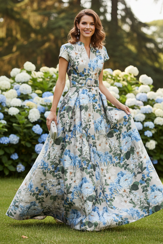 Floral Print Pleated Gown with Belt and Pockets