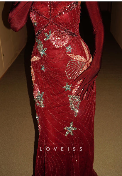 Beaded Halter Neck Evening Gown with Gloves
