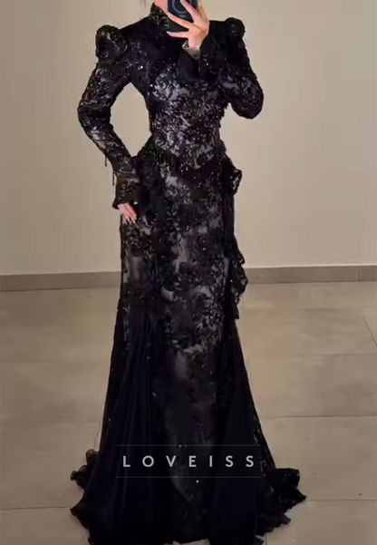 High Neck Lace Mermaid Evening Gown with Sleeves