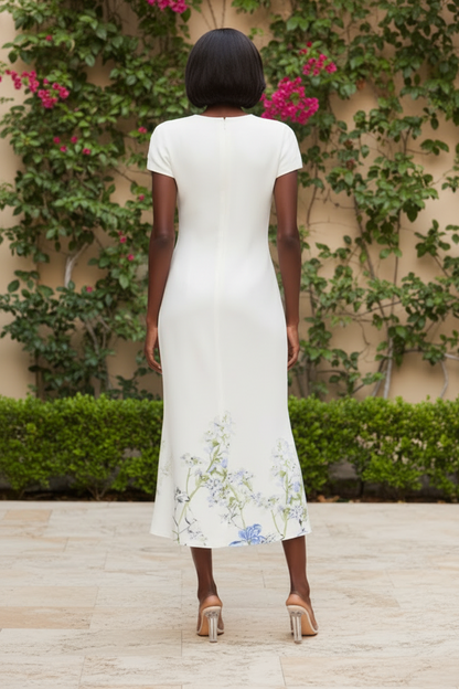 Pleated Neck Floral Midi Dress with Cap Sleeves