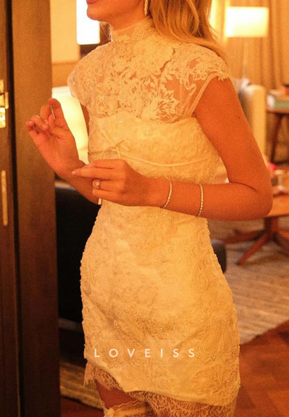 High Neck Lace Mini Dress with Bow Accent