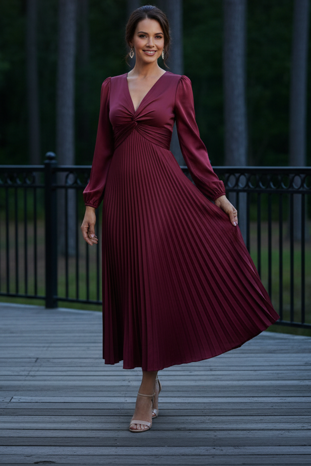 Pleated Satin Midi Dress with Twist-Front Bodice