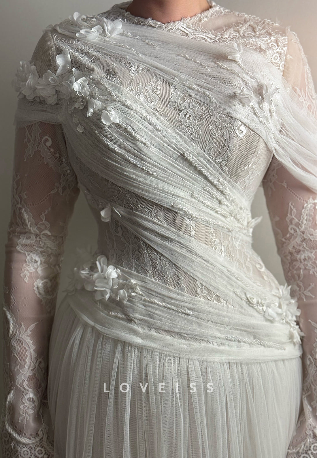 Asymmetrical Drape Lace and Tulle Wedding Dress