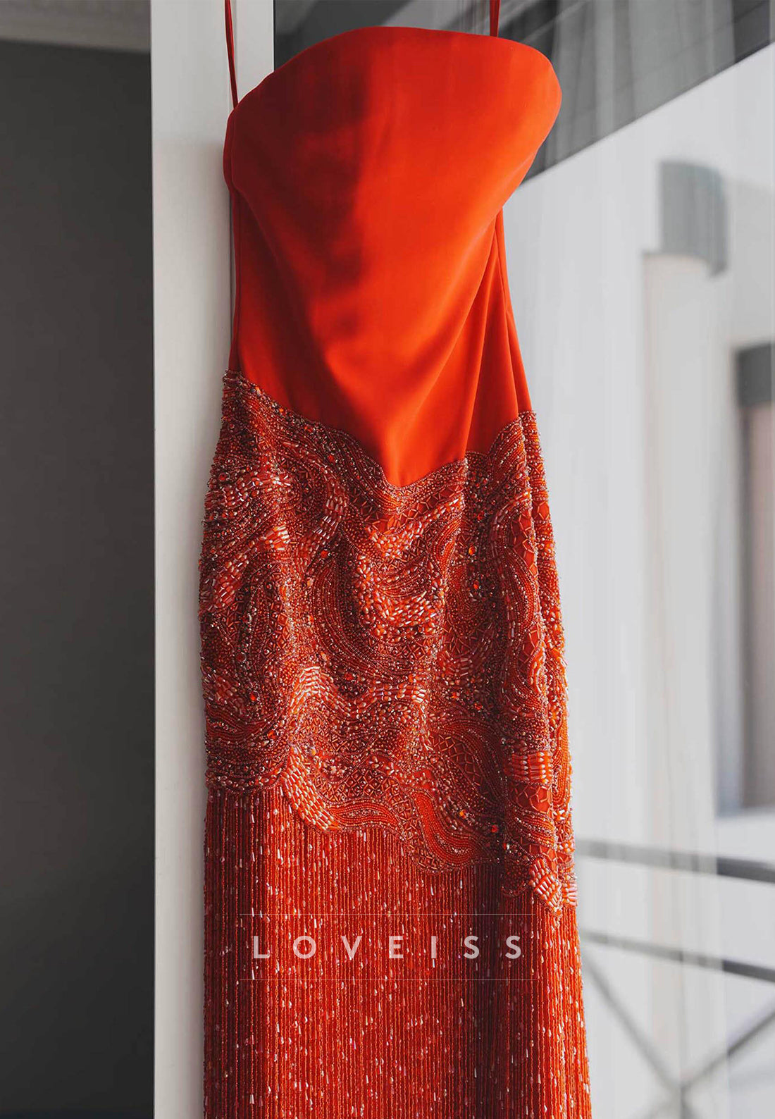Beaded Fringe Column Evening Gown