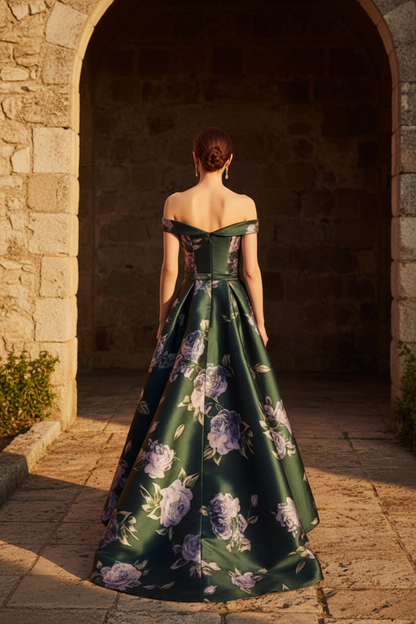 Floral Satin Off-the-Shoulder Evening Gown