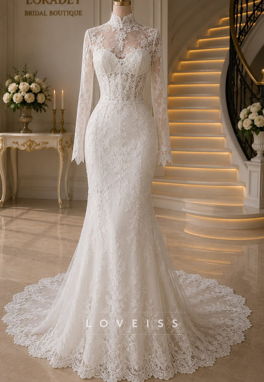 Illusion High Neck Long Sleeve Lace Mermaid Wedding Gown