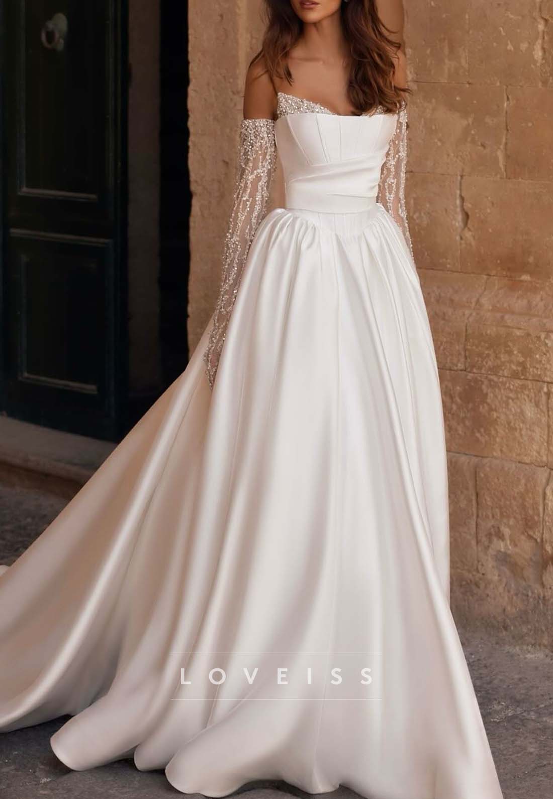 Pleated Ball Gown with Beaded Illusion Sleeves