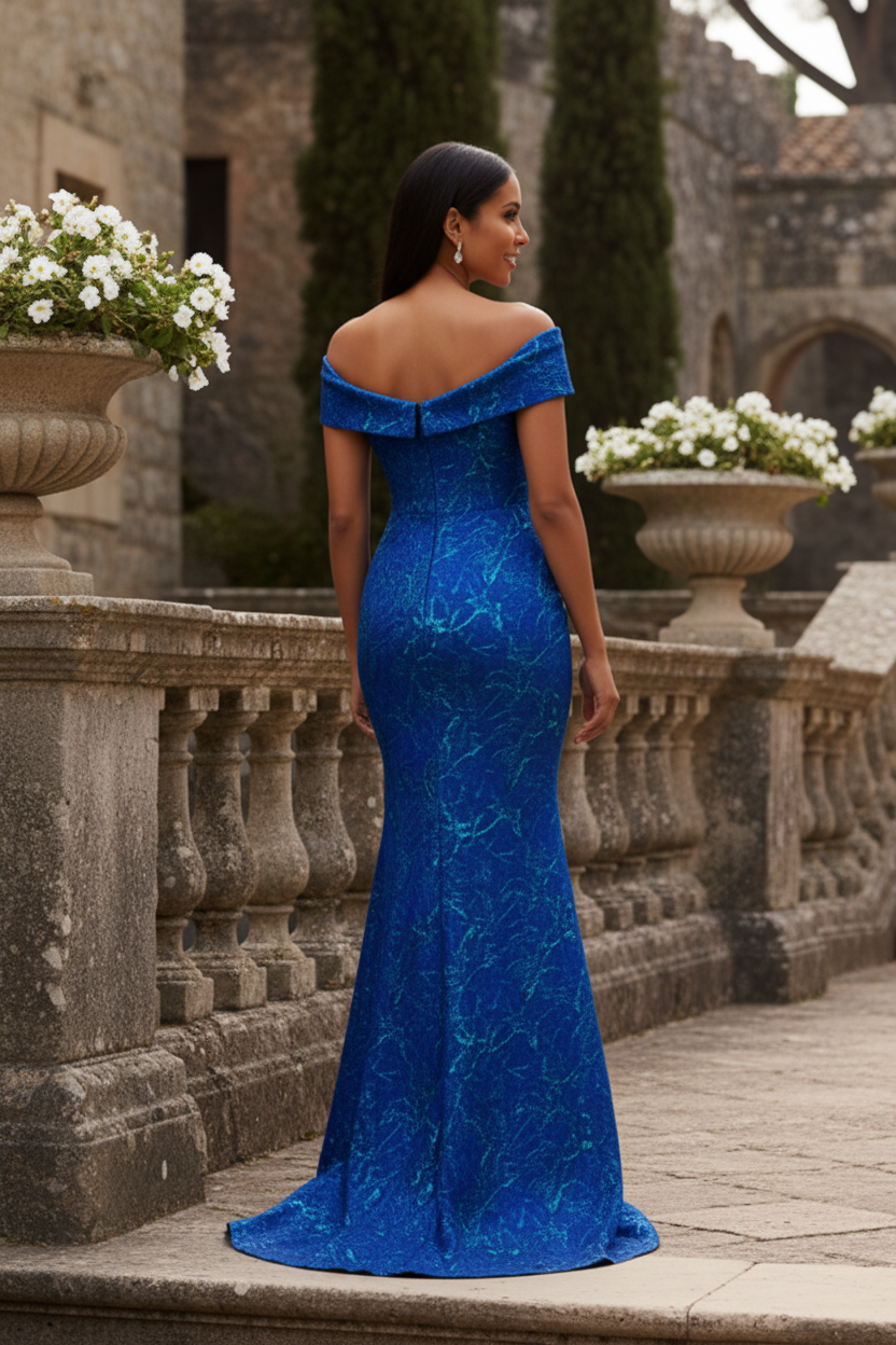 Off-Shoulder Metallic Jacquard Column Evening Gown