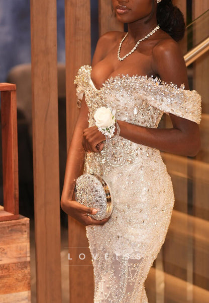 Off-the-Shoulder Beaded Mermaid Evening Gown