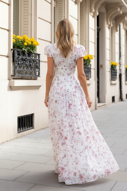 Floral High Neck A-Line Maxi Dress with Corset