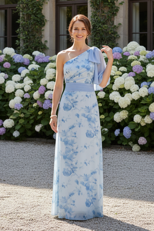 One Shoulder Floral Print Maxi Dress with Bow Detail