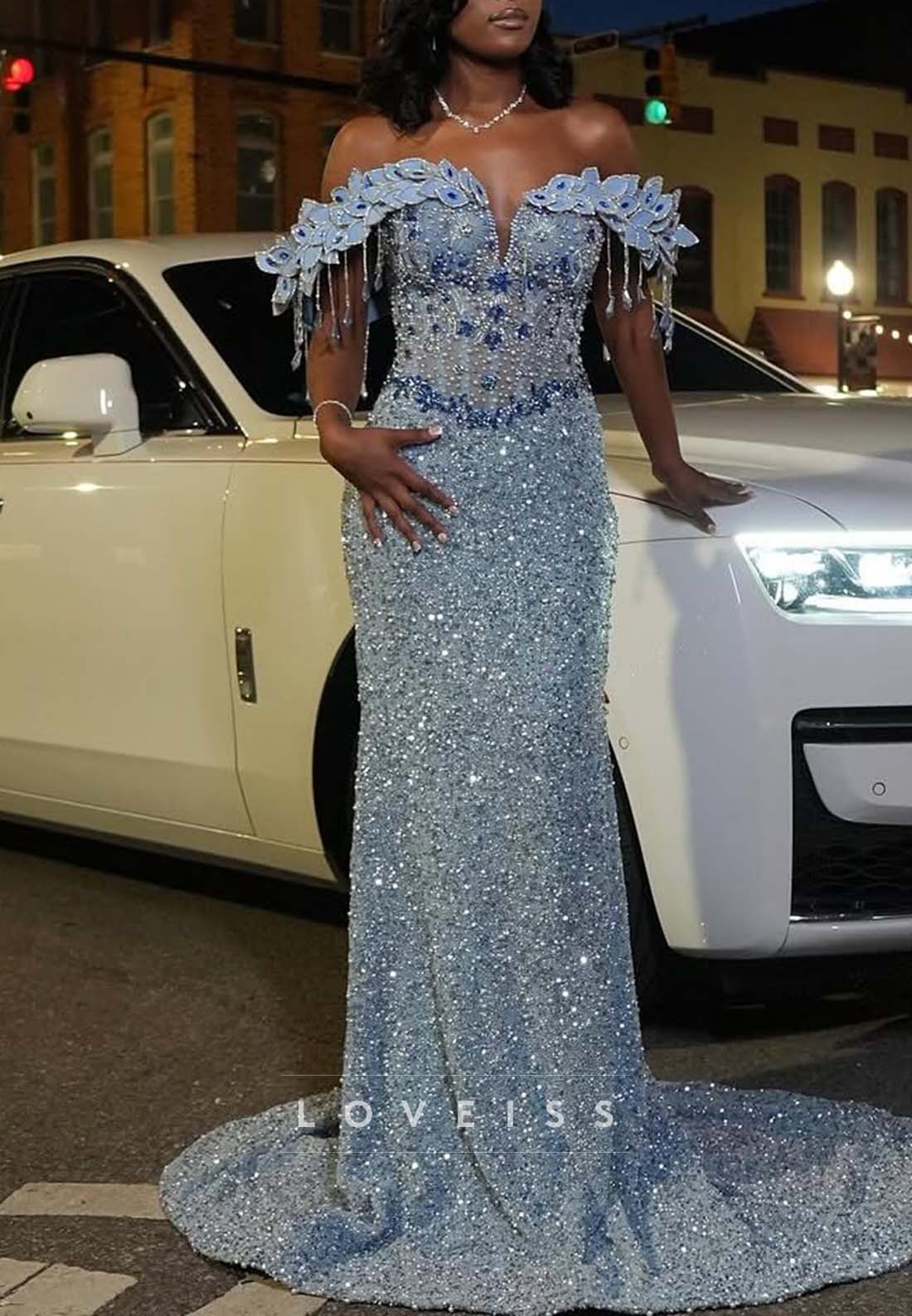 Beaded Off-the-Shoulder Sequin Mermaid Gown