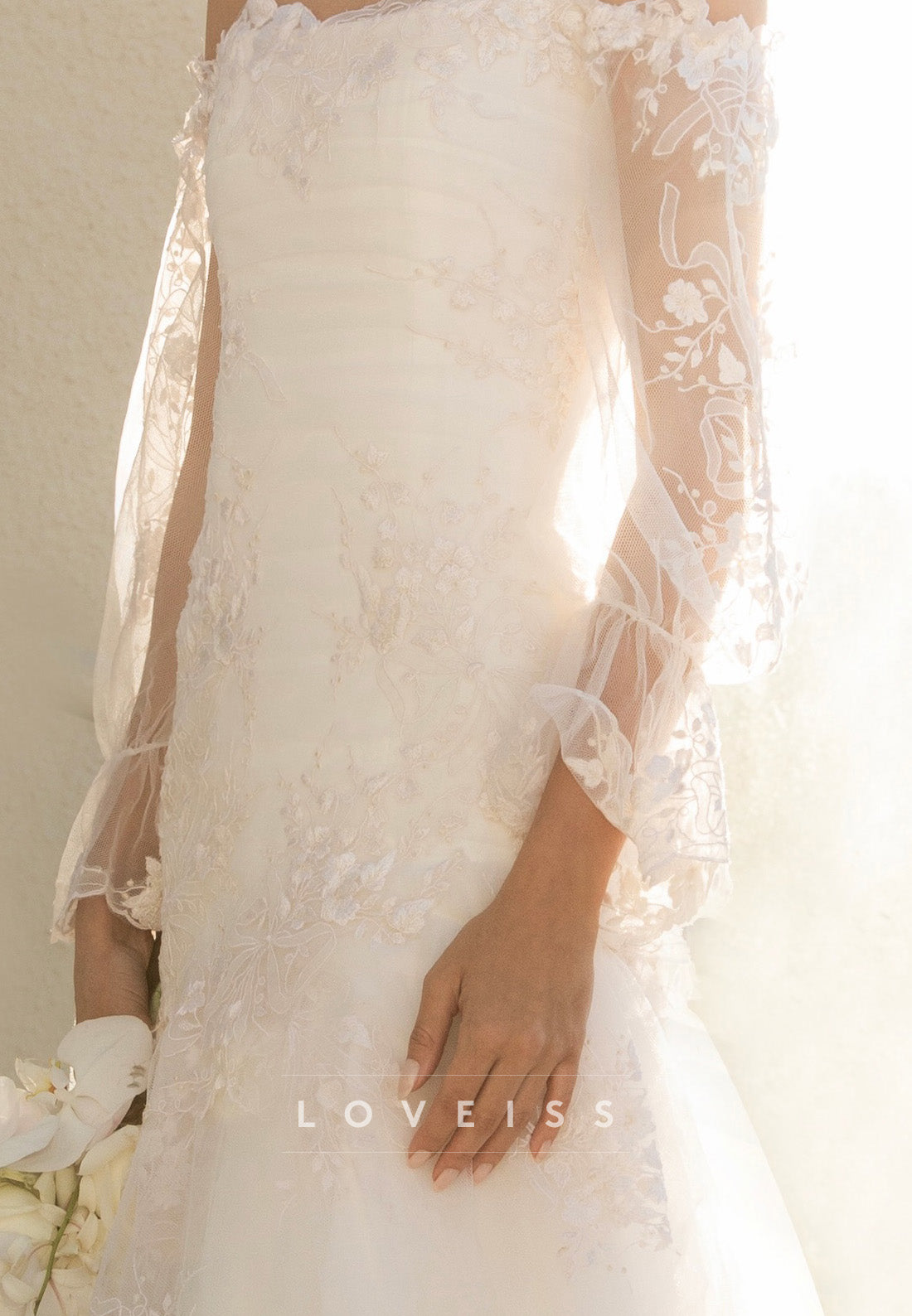 Off-the-Shoulder Lace Drop-Waist Wedding Dress